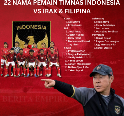 Timnas Indonesia Siapkan 22 Nama Pemain Lawan Irak dan Filipina