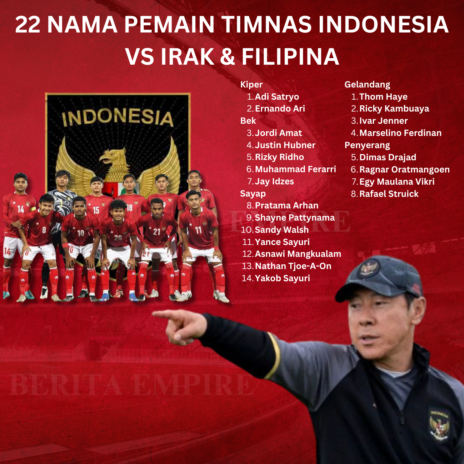 Timnas Indonesia Siapkan 22 Nama Pemain Lawan Irak dan Filipina